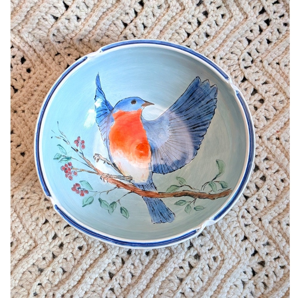 Empty Bowls Naples Signed Hand Painted Bluebird Ceramic Bowl Blue Orange 8.25"